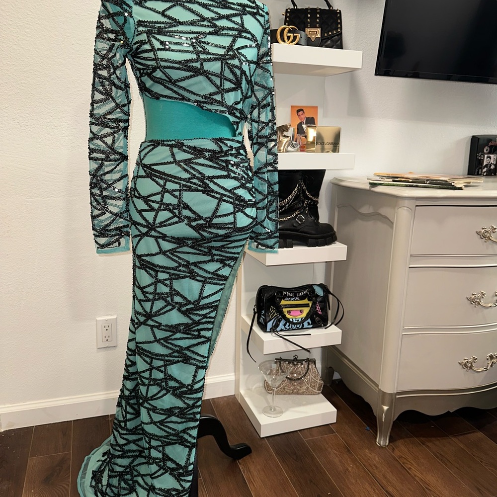 NEW Turquoise & Black Sequin Cut‑Out Fashion Nova Gown, Size Small Never Worn